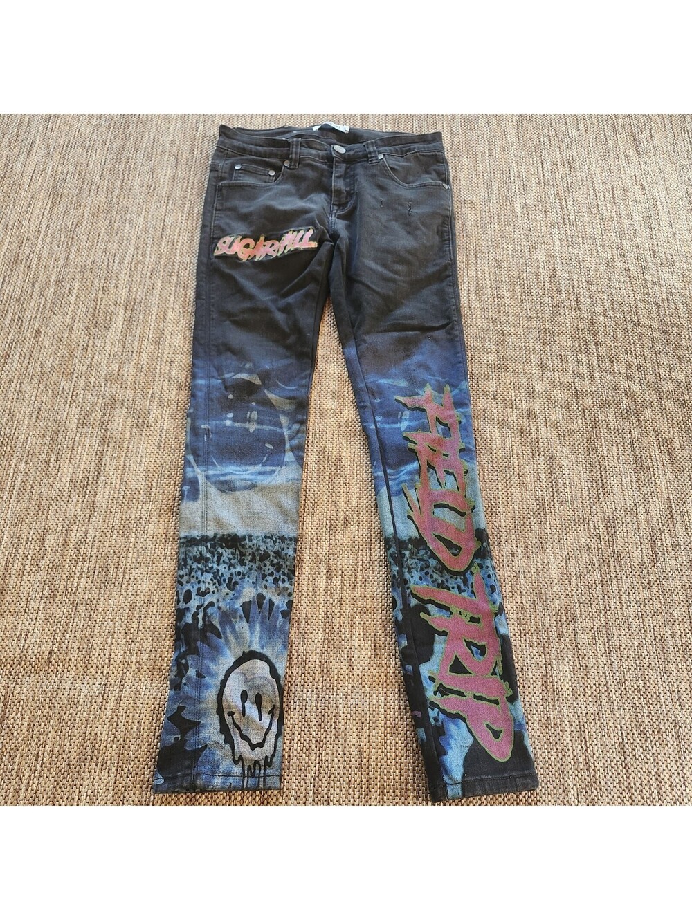 SUGARHILL TRIPPY BRIGHT GRAPHICS Streetwear Denim Jeans Pants Size 28 (29x31)